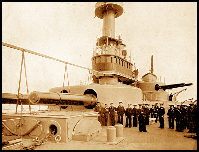 Forward turret and bridge of the USS Indiana