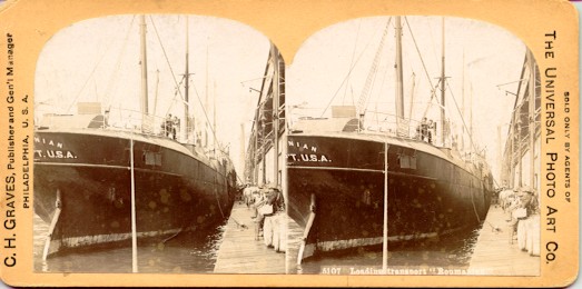 Stereocard of the stern of the U.S. Army Transport Roumanian