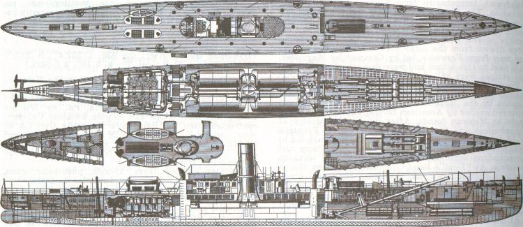 Deck plans and profile of the Dynamite Cruiser, U.S.S. Vesuvius